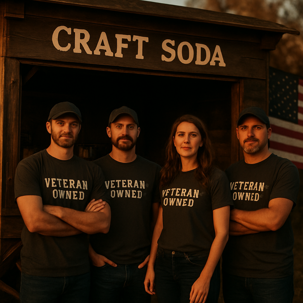 The veteran-owned Wild Bill's team in front of their rustic soda wagon at golden hour