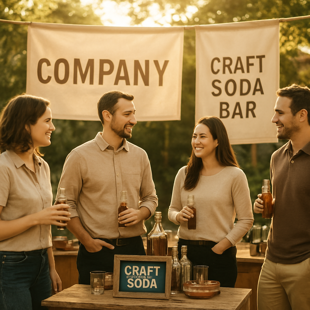 A craft soda bar station at a corporate company event with employees gathered