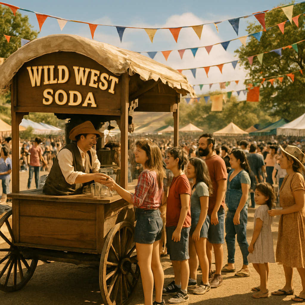 A long line of happy attendees at the Wild Bill's wagon during a festival