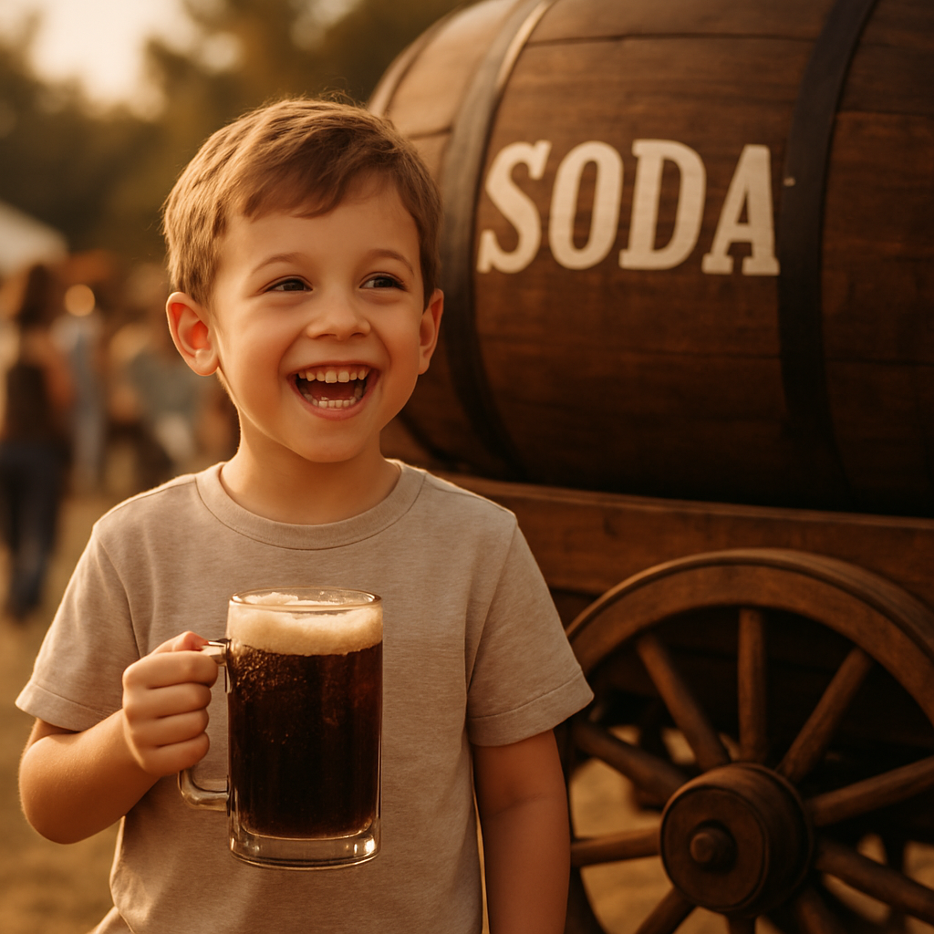 A young guest holding a frosty mug of craft soda at a family event