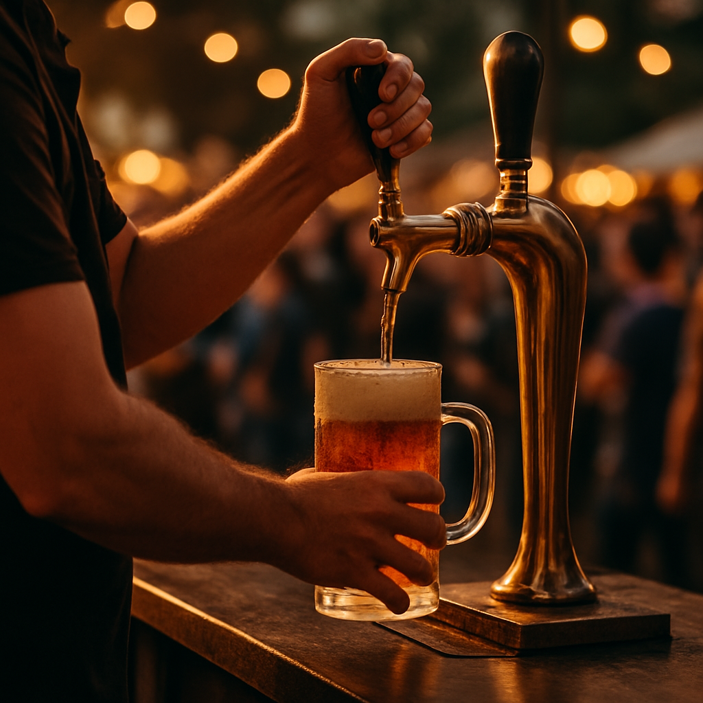 Close-up of craft soda being poured into a frosty mug at an event