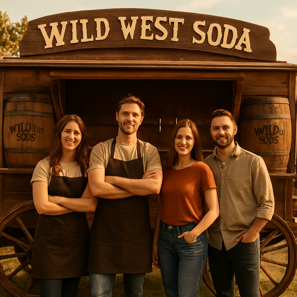 A Wild Bill's crew standing in front of the mobile soda draft wagon
