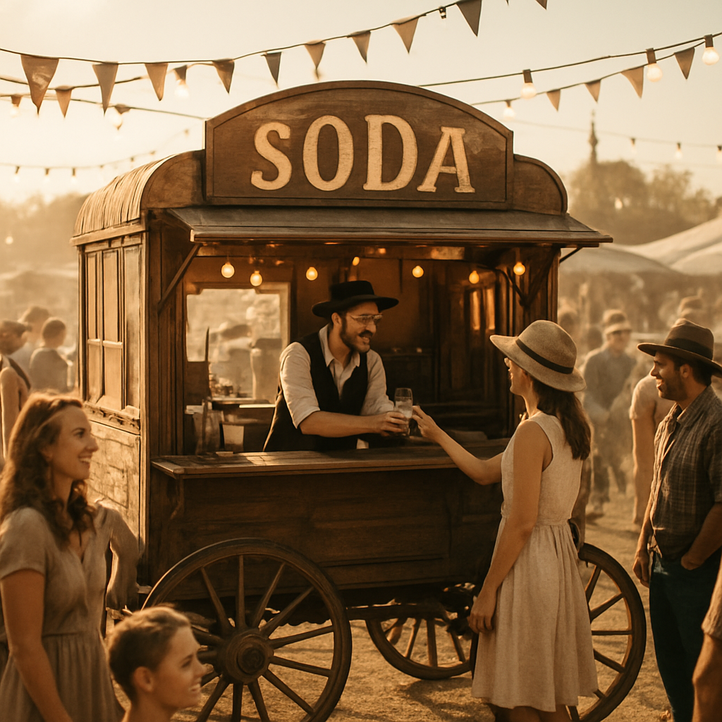 Wild Bill's mobile soda wagon serving a crowd at a golden-hour outdoor event