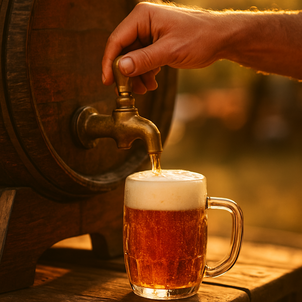 Craft soda being poured from a vintage brass tap into a frosty mug at an event