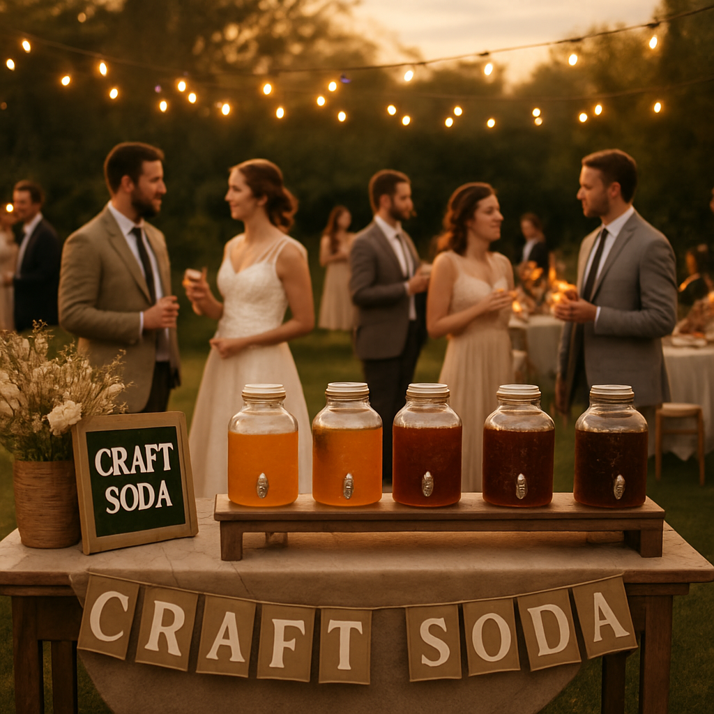 A rustic craft soda bar station set up at an elegant outdoor wedding reception